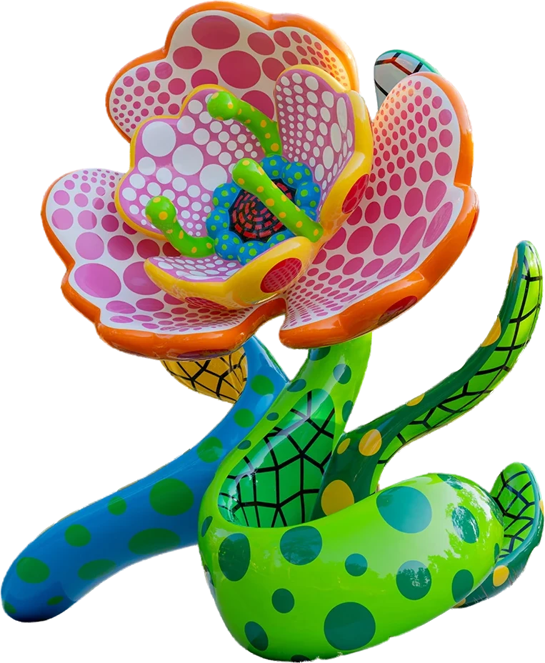 Yayoi Kusama flower sculpture, cut from a photograph of the Crystal Bridges grounds