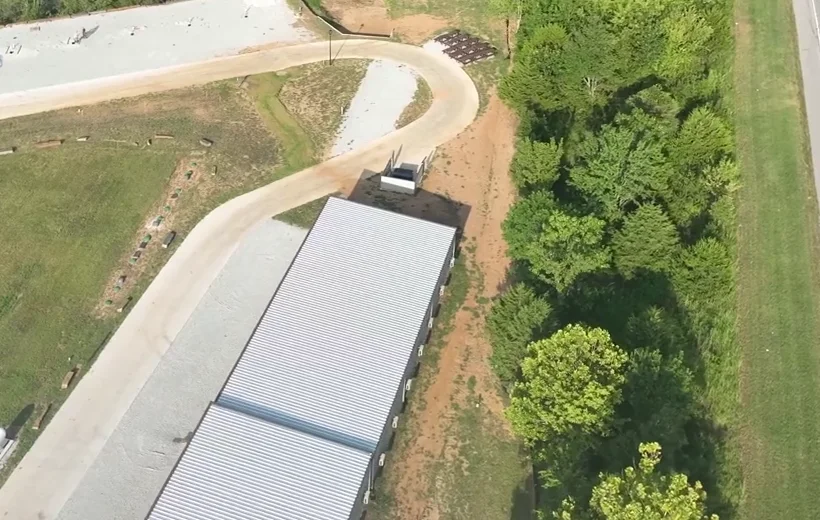 The executive storage building from the air, beside the park drive