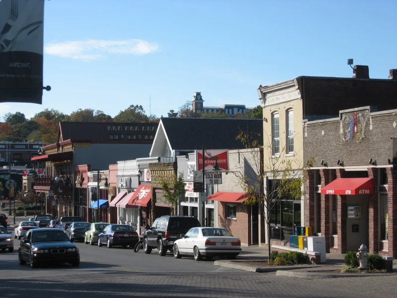 Shops and restaurants lining Dickson Street in Fayetteville
